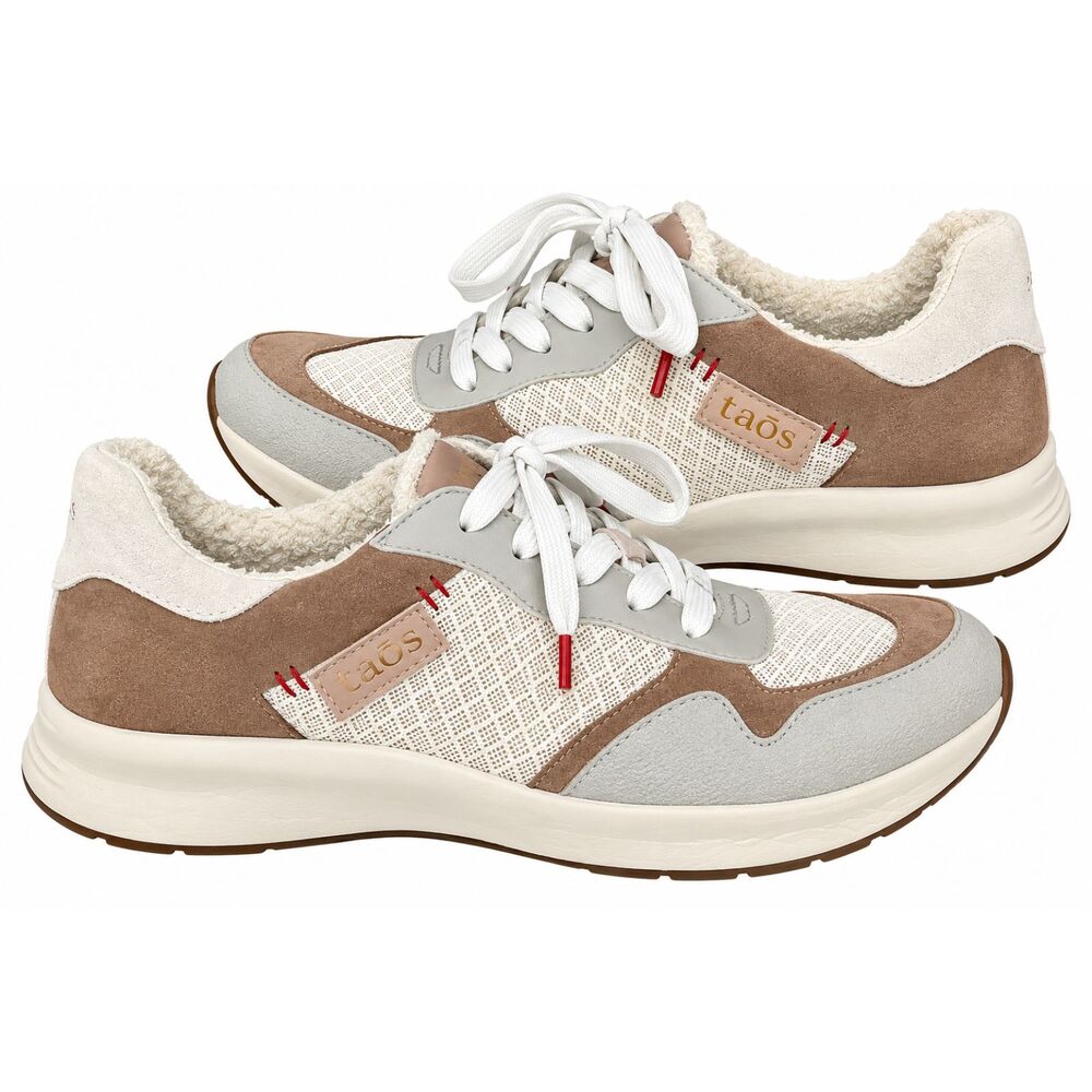 Taos Detour Neutral Suede Mesh Lace Up Comfort Walking Sneakers Sherpa Lined